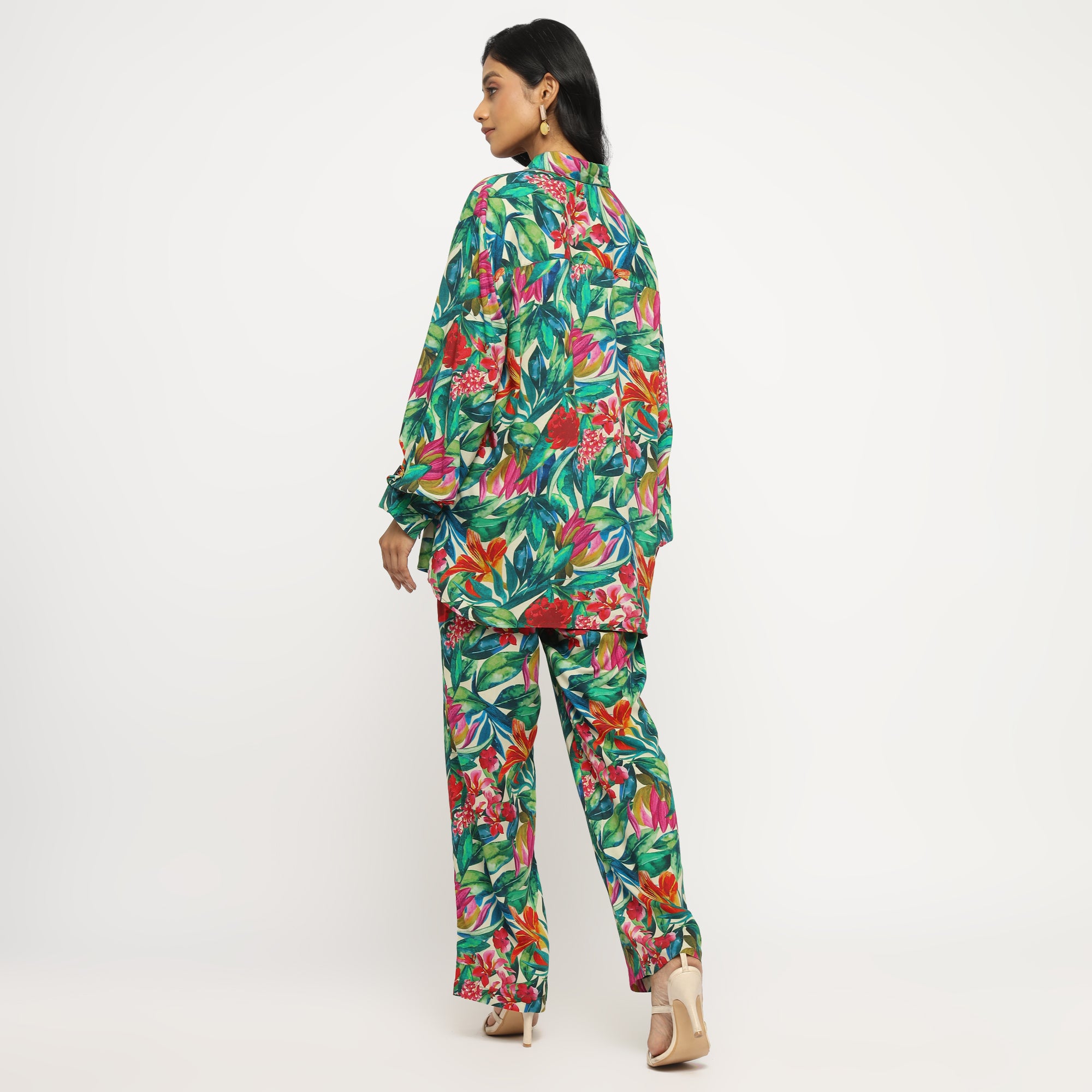 Tropical Multicolor Leaf Printed Shirt and Straight Pants Co-ord Set